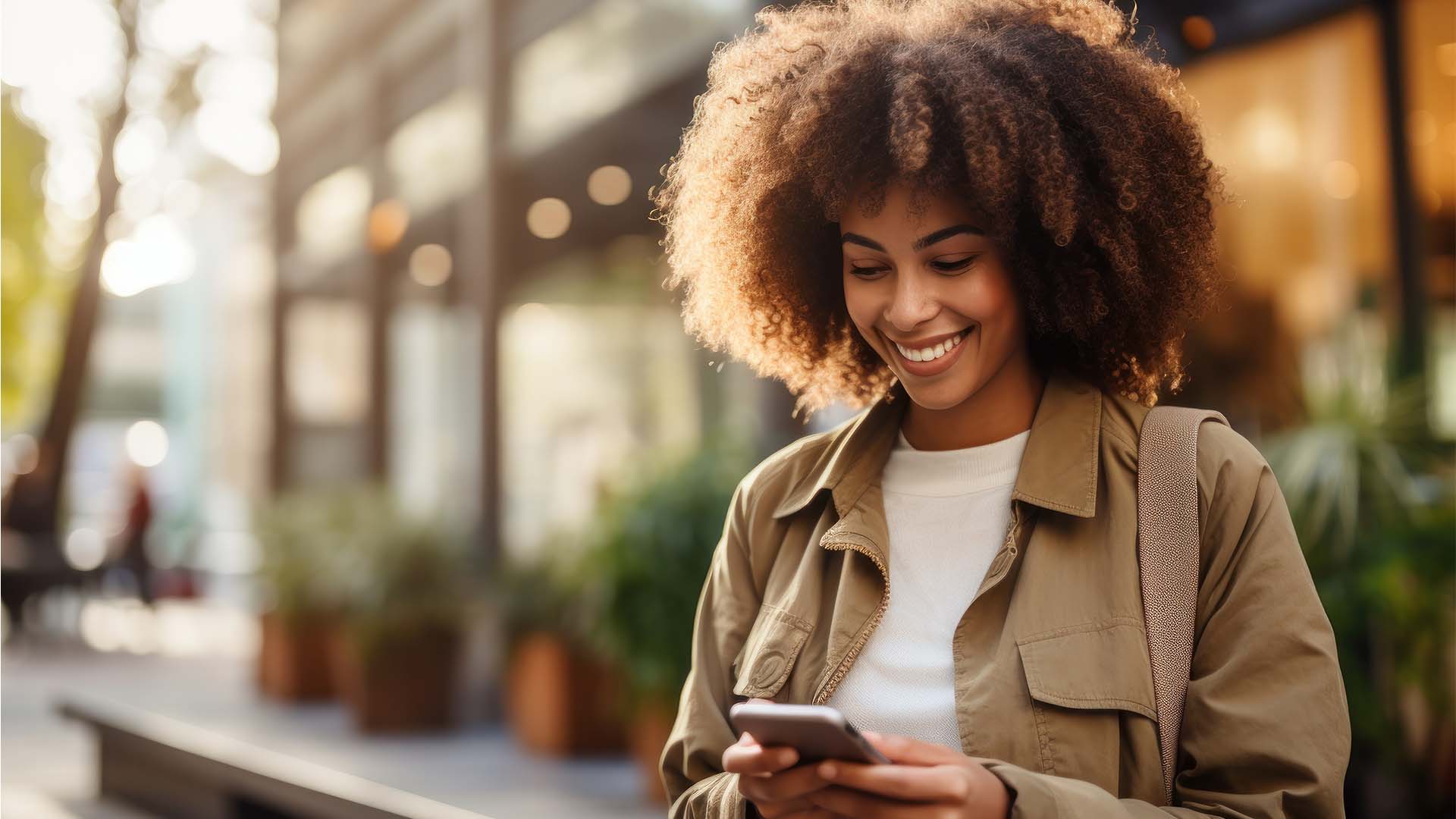 Woman smiling and looking at her phone