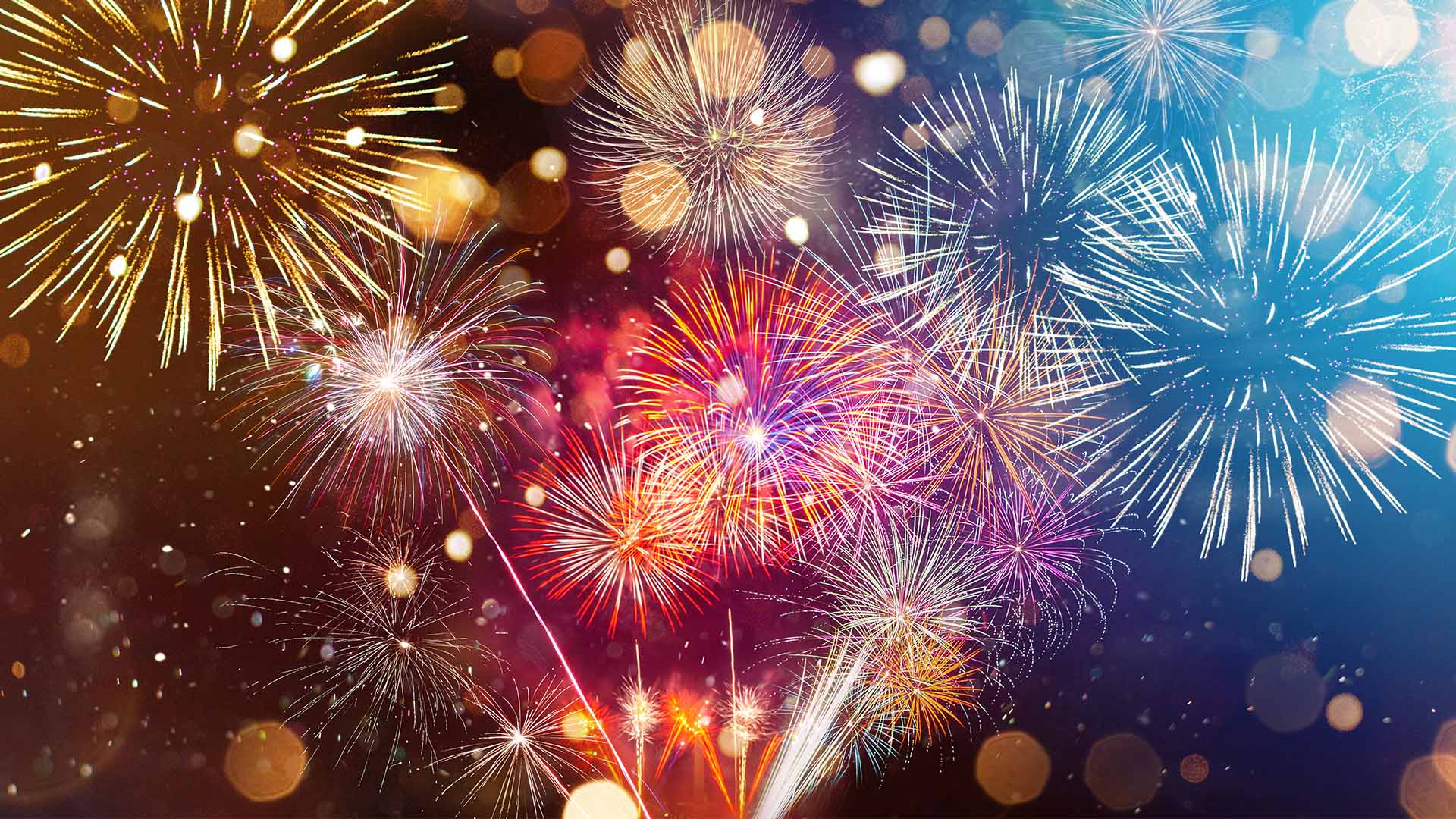 Colorful firework with bokeh background. New Year celebration, Abstract holiday background